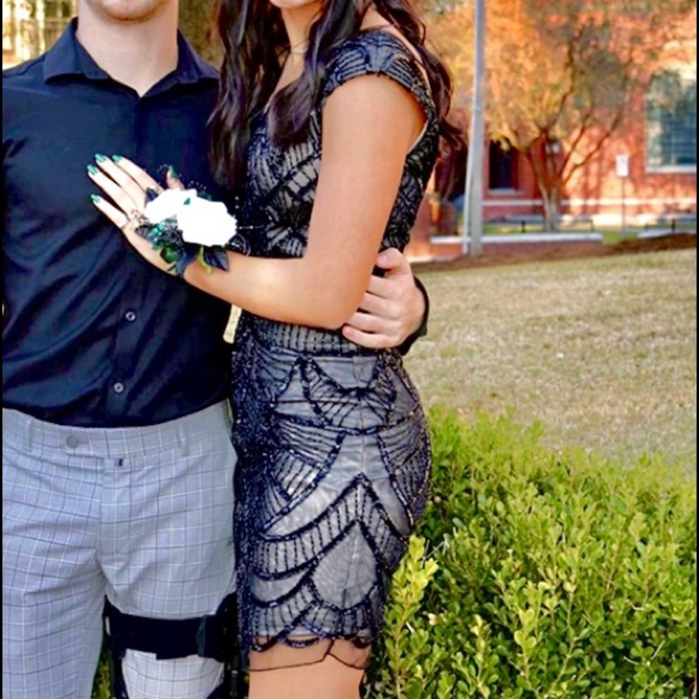 Short homecoming dress with black beading and nude under layer. - Picture 1 of 2